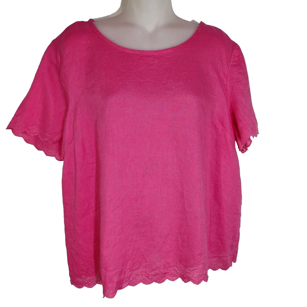J Crew Womens Top Size 14 Linen Short Sleeve Tulip Back Scalloped Eyelet Pink